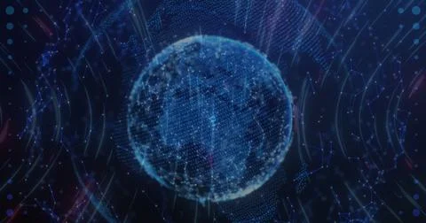 Digital image of light trails against globe on blue background Stock Illustration