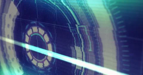 Digital image of light trails and glitch effect against round neon scanner on Stock Illustration