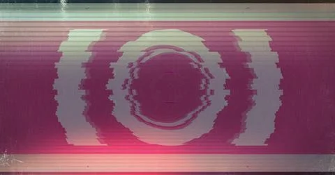 Digital image of light trails and glitch effect against round scanner on pink Stock Illustration