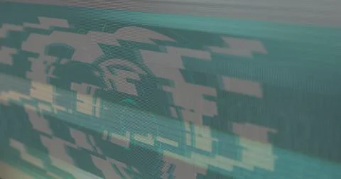 Digital image of light trails and glitch effect against round scanner on red Stock Illustration