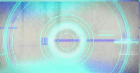 Digital image of light trails and glitch effect against round neon scanner on Stock Illustration