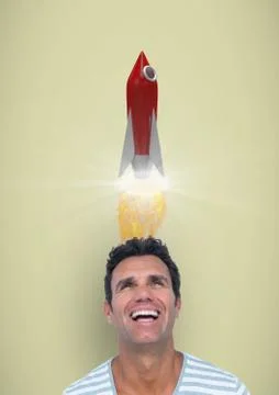 Digital image of man having rocket launch over head against yellow background Stock Photos