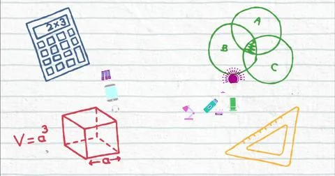 Digital image of mathematical concept icons against white lined paper Stock Illustration