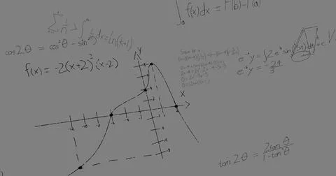 Digital image of mathematical equations and formulas floating against grey Stock Illustration