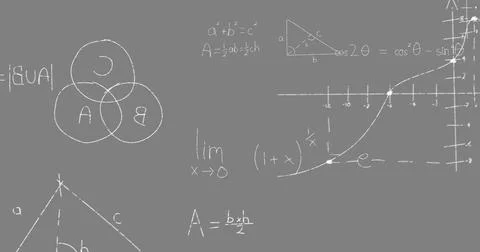 Digital image of mathematical equations and formulas floating against grey Stock Illustration