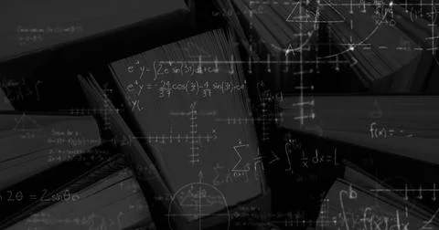 Digital image of mathematical equations with figures zooming in the screen while Stock Photos