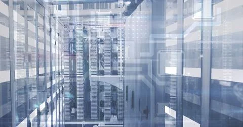 Digital image of microprocessor connections against empty server room Stockfoto's