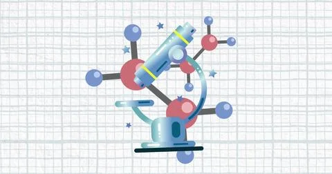 Digital image of microscope and molecular structures moving against squared Stock Illustration