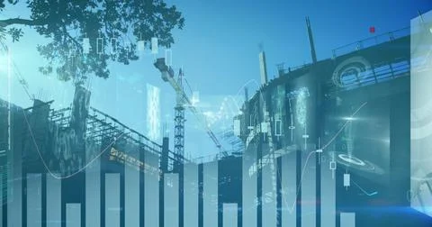 Digital image of moving graphs, coding and binary data, dna helix over cons.. Stock Photos