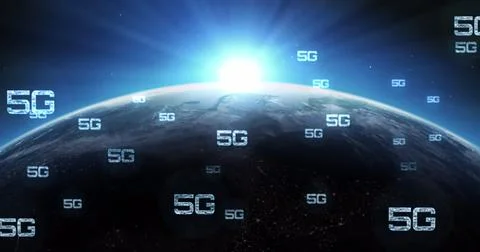 Digital image of multiple 5g text floating against blue spot of light over globe Stock Illustration