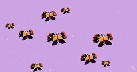 Digital image of multiple butterfly icons and white particles floating agai.. Stock Photos