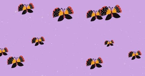 Digital image of multiple butterfly icons and white particles floating agai.. Stock Photos