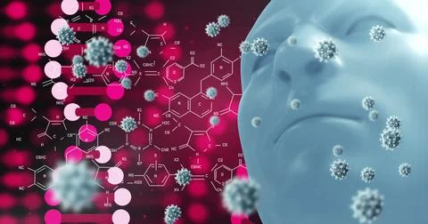 Digital image of multiple cells floating over human face model against blue 스톡 일러스트