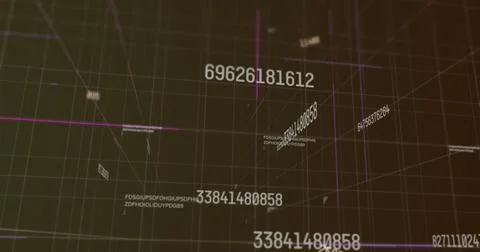 Digital image of multiple changing numbers floating against grid network on 스톡 일러스트