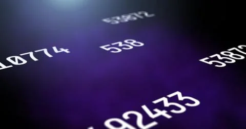 Digital image of multiple changing numbers against spots of light on purple Stock Illustration