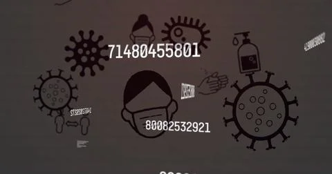 Digital image of multiple changing numbers floating over covid-19 concept icons Stock Illustration