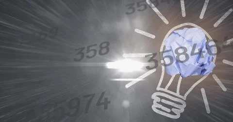 Digital image of multiple changing numbers and light bulb against spot of light 스톡 일러스트