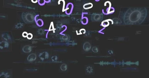 Digital image of multiple changing numbers against round scanners and data 스톡 일러스트