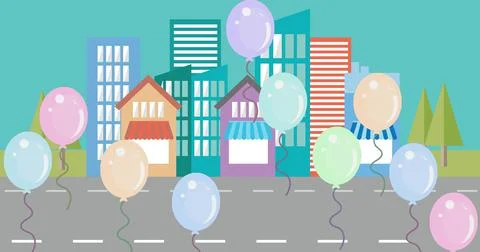 Digital image of multiple colorful balloons floating over cityscape in Stock Illustration