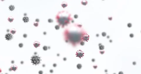 Digital image of multiple covid-19 cells floating against copy space on white Stock Illustration