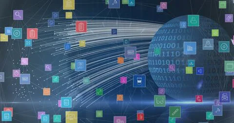 Digital image of multiple digital icons floating against binary coding on globe 스톡 일러스트