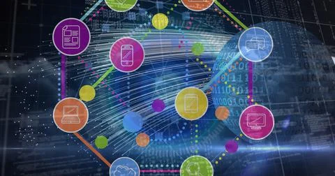 Digital image of multiple digital icons floating against binary coding on globe 스톡 일러스트