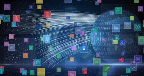 Digital image of multiple digital icons floating against binary coding on globe Stock Illustration