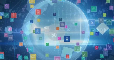 Digital image of multiple digital icons floating against round scanner on blue Stock Illustration