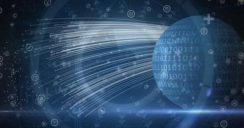 Digital image of multiple digital icons floating against binary coding on globe 스톡 일러스트