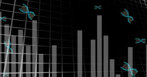Digital image of multiple dna structures over statistical data processing on Foto stock