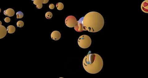 Digital image of multiple face emojis floating against black background Illustrazione stock