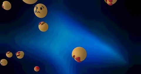 Digital image of multiple face emojis floating against blue background 스톡 일러스트
