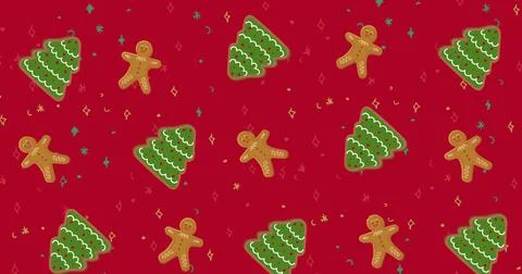 Digital image of multiple ginger bread man and christmas tree moving against red Stock Illustration