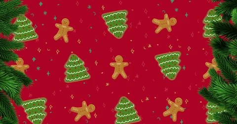 Digital image of multiple ginger bread man and christmas tree moving against red Illustrazione stock