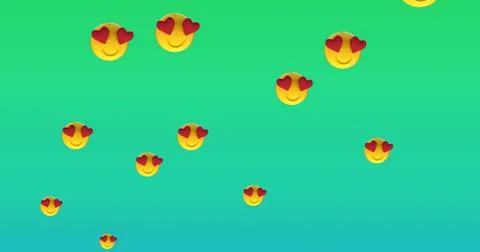 Digital image of multiple heart eyes face emojis floating against green gradient 스톡 일러스트