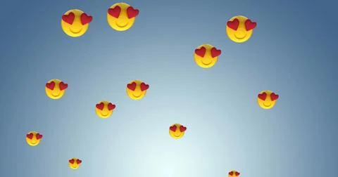 Digital image of multiple heart eyes face emojis floating against blue backgroun Stockillustratie