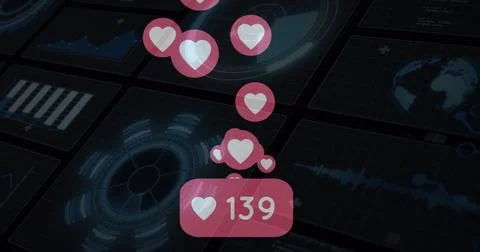 Digital image of multiple heart icons floating against round scanners on black Illustrazione stock