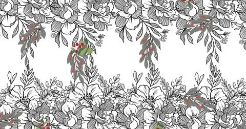 Digital image of multiple leaves icons against floral designs on white back.. 库存照片