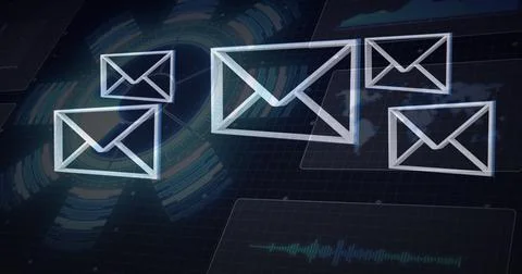 Digital image of multiple message icons floating against round scanner on blue Illustrazione stock