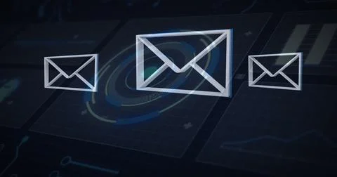 Digital image of multiple message icons floating against round scanner on blue Stock Illustration