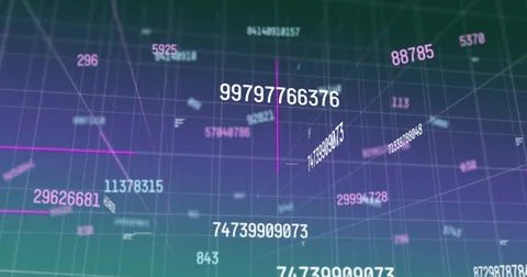 Digital image of multiple numbers against grid network on purple background Stock Illustration