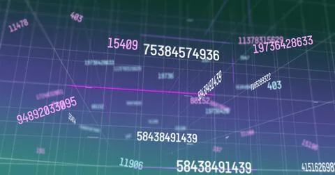Digital image of multiple numbers against grid network on purple background Stock Illustration