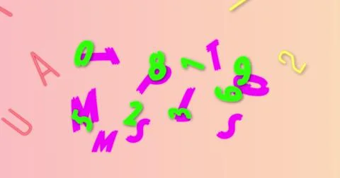 Digital image of multiple numbers and alphabets floating against pink background Stock Illustration