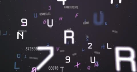 Digital image of multiple numbers and alphabets floating against black Stock Illustration