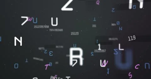 Digital image of multiple numbers and alphabets floating against black Stock Illustration
