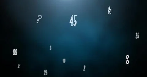 Digital image of multiple numbers and symbols floating against blue background Ilustração Stock