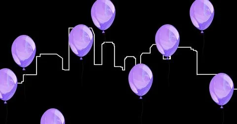 Digital image of multiple purple balloons floating over city structure against Ilustración de archivo