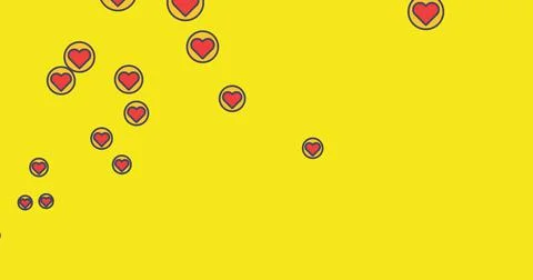 Digital image of multiple red heart icons floating against yellow background Illustrazione stock
