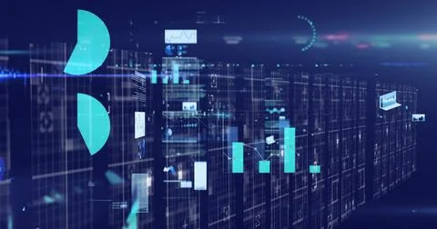 Digital image of multiple screens with data processing against spot of light on Illustrazione stock