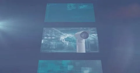 Digital image of multiple screens with data processing against spot of light on Stock Photos